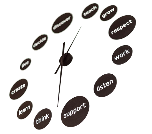 montessori hodnoty zobrazené na nástěnných hodinách